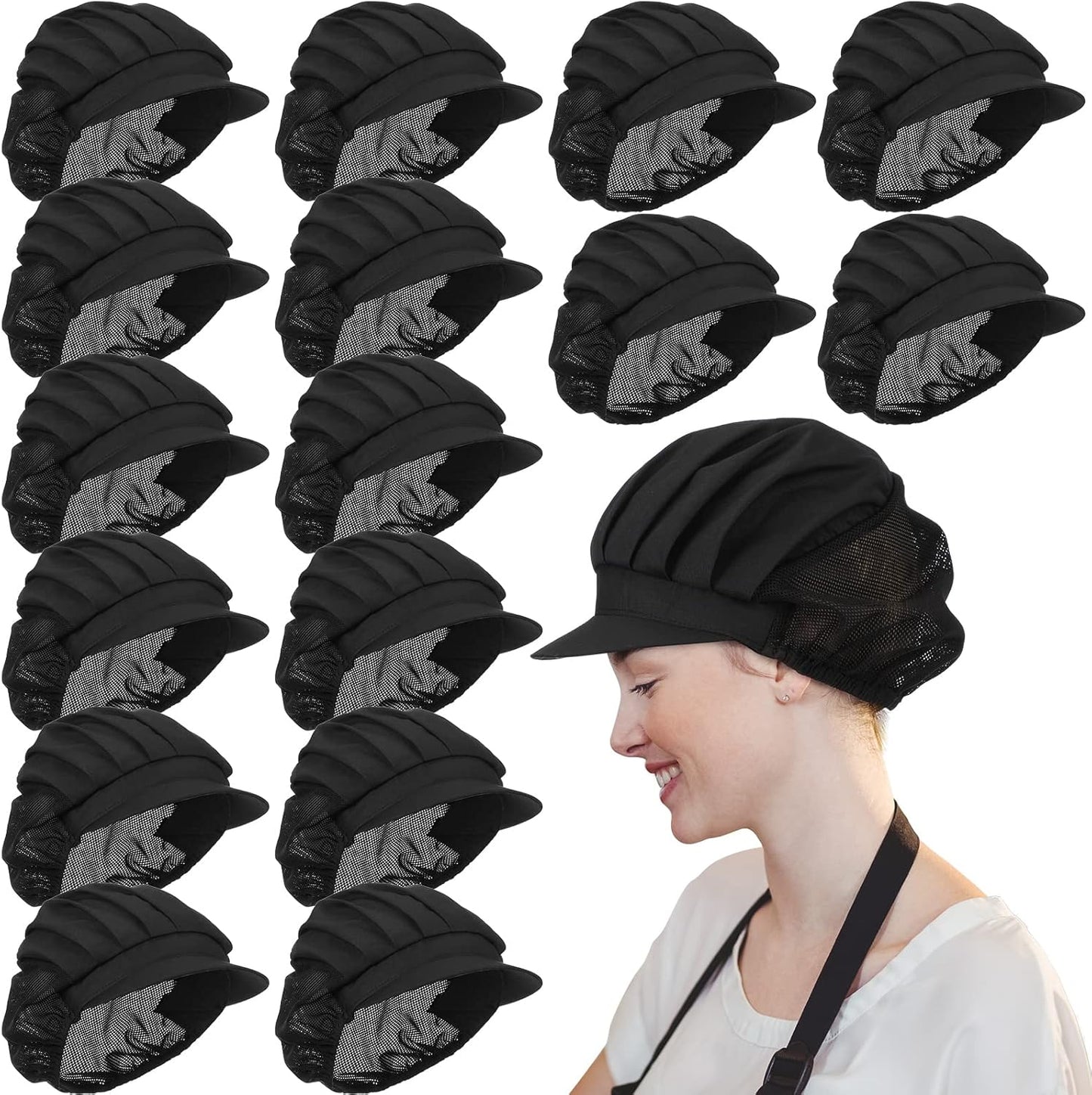16 Pcs Chef Hats for Women Hair Nets Kitchen Cooking Chef Cap Adjustable Elastic Work Cap for Women Adult, Black