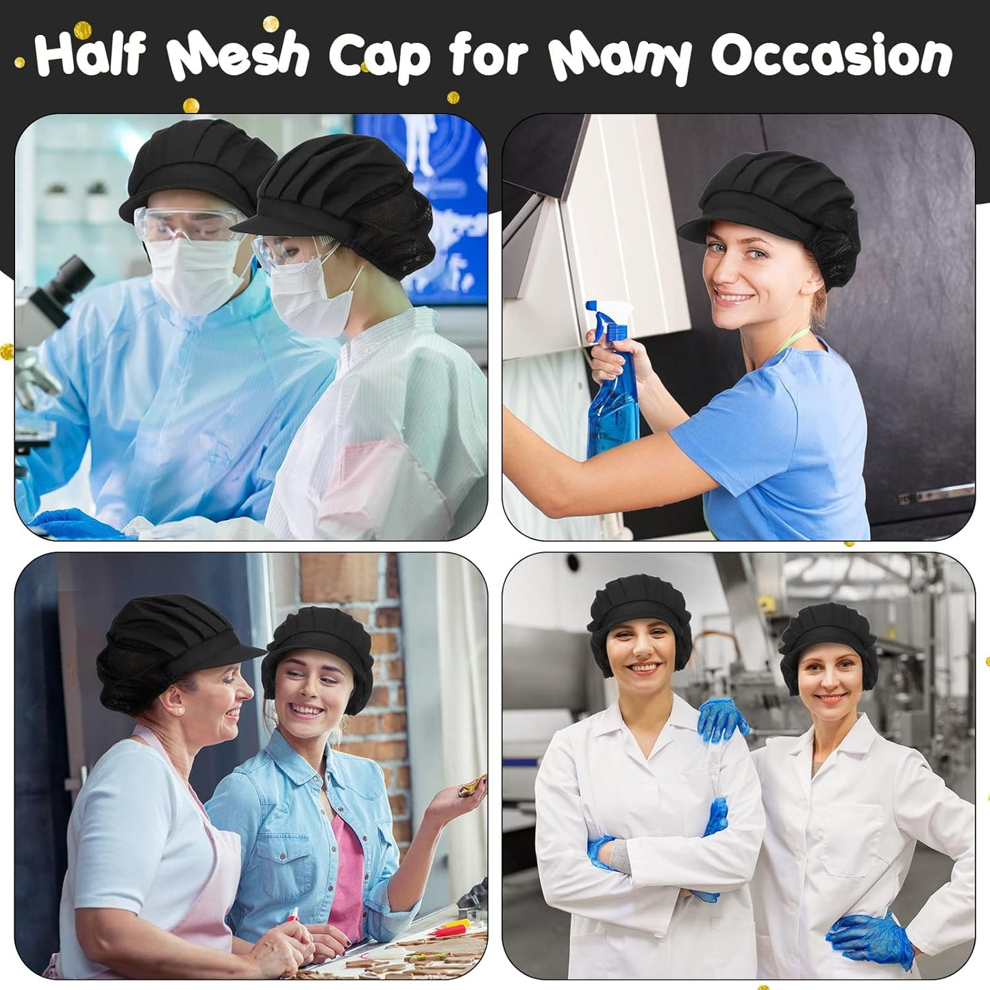 16 Pcs Chef Hats for Women Hair Nets Kitchen Cooking Chef Cap Adjustable Elastic Work Cap for Women Adult, Black