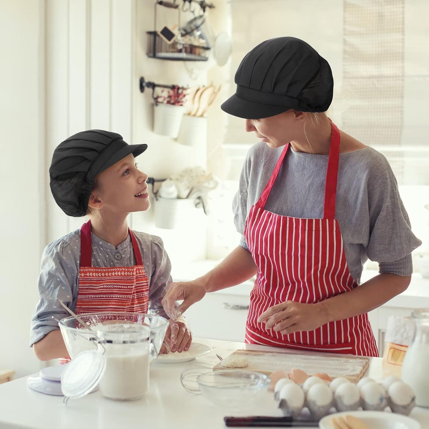 16 Pcs Chef Hats for Women Hair Nets Kitchen Cooking Chef Cap Adjustable Elastic Work Cap for Women Adult, Black