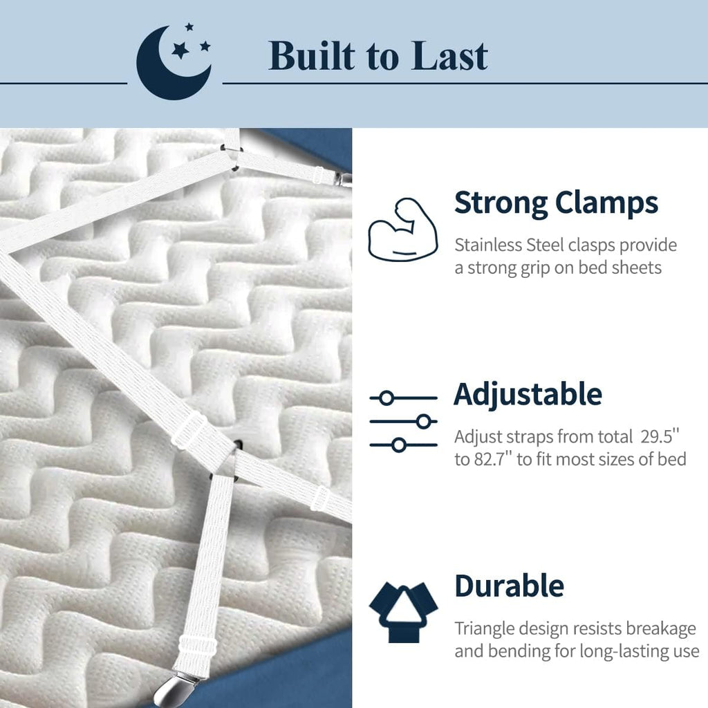 8+2 Pieces Bed Sheet Holder Straps Bed Sheet Fasteners Suspenders Holder Straps Adjustable Crisscross Elastic Band Fitted Sheets Corner Straps Grippers Clip, White