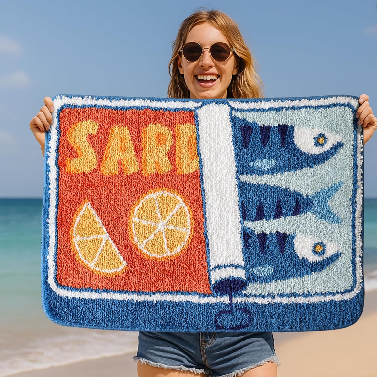 Sardine Can Bath Mat, Blue Bathroom Rugs for Bedroom, Soft Washable Rug Non Slip Cute Kitchen Bath Mats for Bathroom Funny Cartoon Fish and Lemon