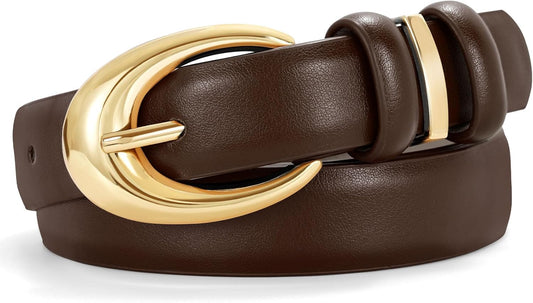 Women Leather Belt for Jeans Pants Fashion Ladies Skinny Faux Leather Dress belt with Gold Buckle, Coffee