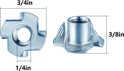 T-Nuts 1/4 * 20 (100 pcs), zinc Plated Steel, for Wood, Climbing Holds and cabinets