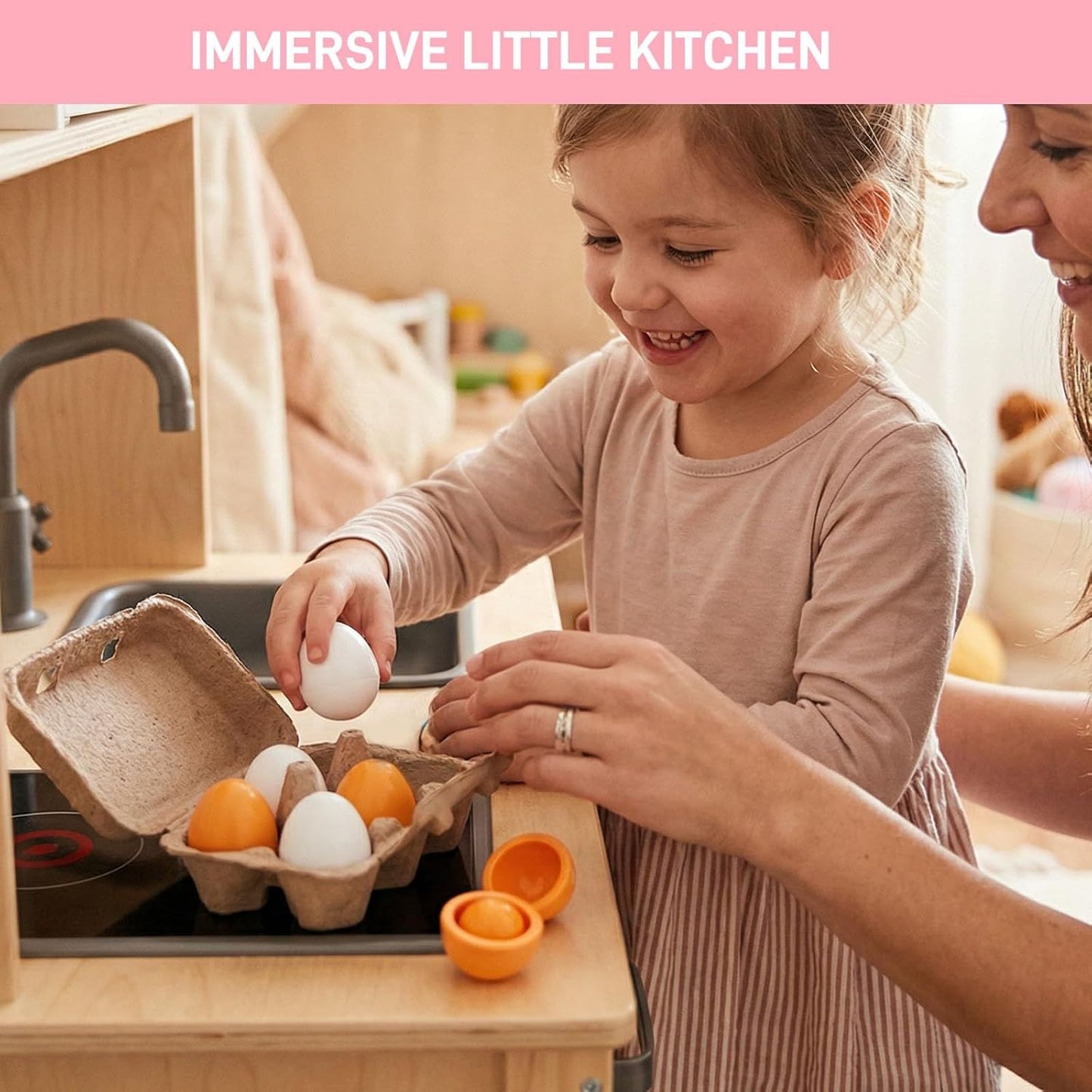 6PCS Play Food Sets for Kids Kitchen,Play Kitchen Accessories Wooden Egg Toy Food Grocery Store Pretend for Toddler Cooking DIY