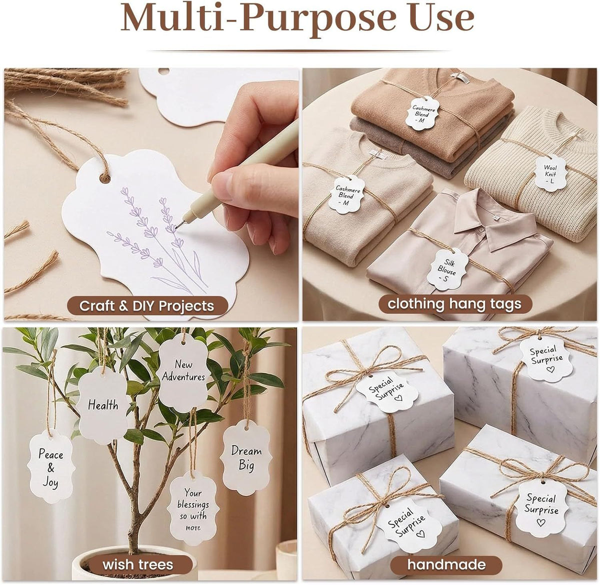 100pcs Gift Tags with String Attached, 2x2.8 inch Kraft Paper Hang Tags for Clothes DIY Crafts Wedding Holiday (White)