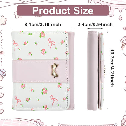 Pink Wallet for Women Floral Coquette Small Bow Wallet Cute Bifold Zipper Purse Aesthetic Credit Card Holder Purse Mini Kawaii Coin Purse with ID Window