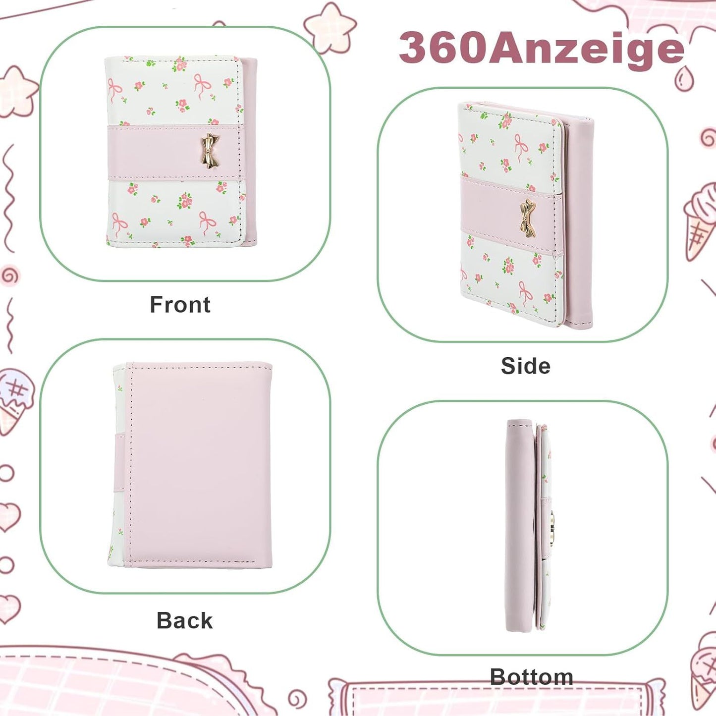 Pink Wallet for Women Floral Coquette Small Bow Wallet Cute Bifold Zipper Purse Aesthetic Credit Card Holder Purse Mini Kawaii Coin Purse with ID Window