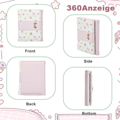 Pink Wallet for Women Floral Coquette Small Bow Wallet Cute Bifold Zipper Purse Aesthetic Credit Card Holder Purse Mini Kawaii Coin Purse with ID Window