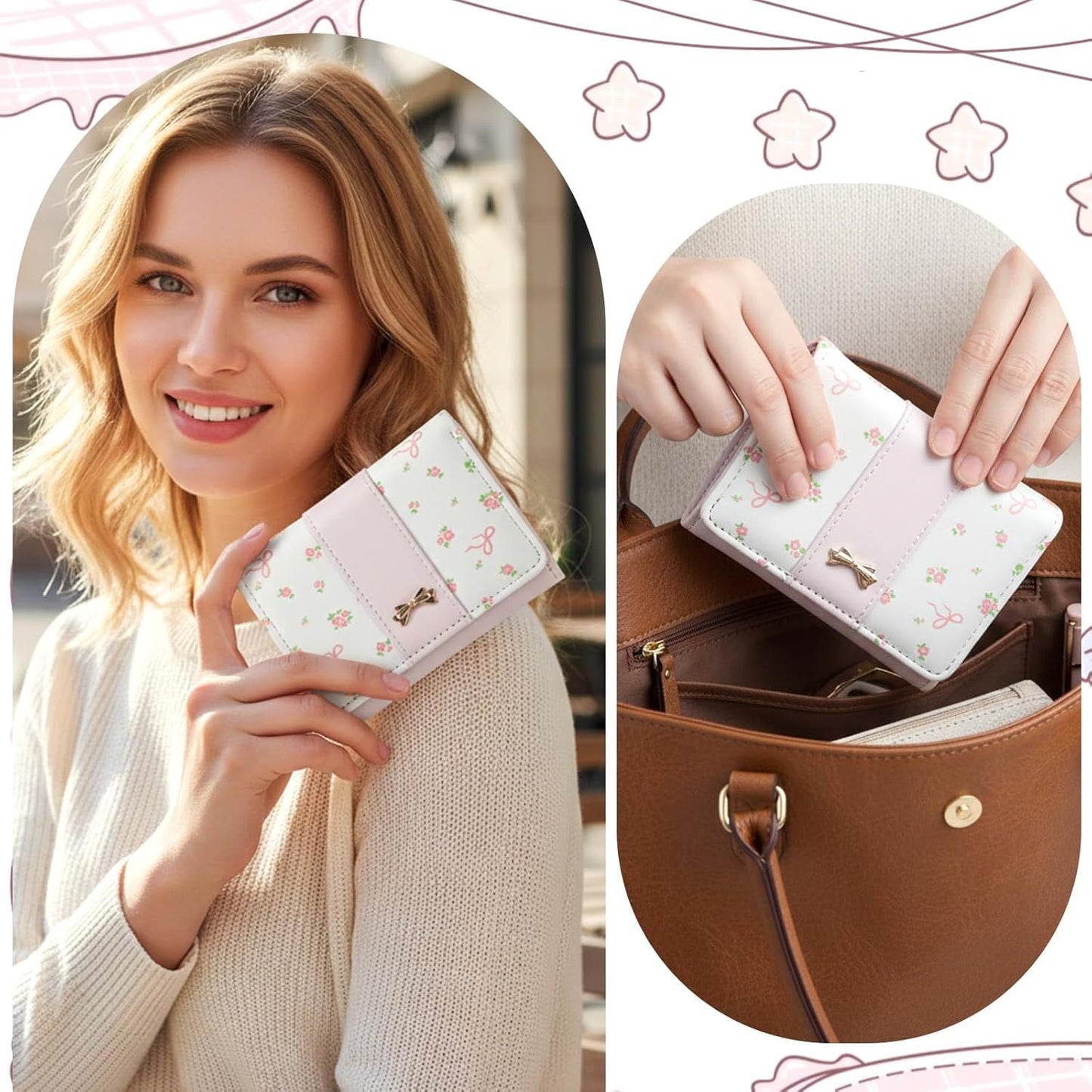 Pink Wallet for Women Floral Coquette Small Bow Wallet Cute Bifold Zipper Purse Aesthetic Credit Card Holder Purse Mini Kawaii Coin Purse with ID Window