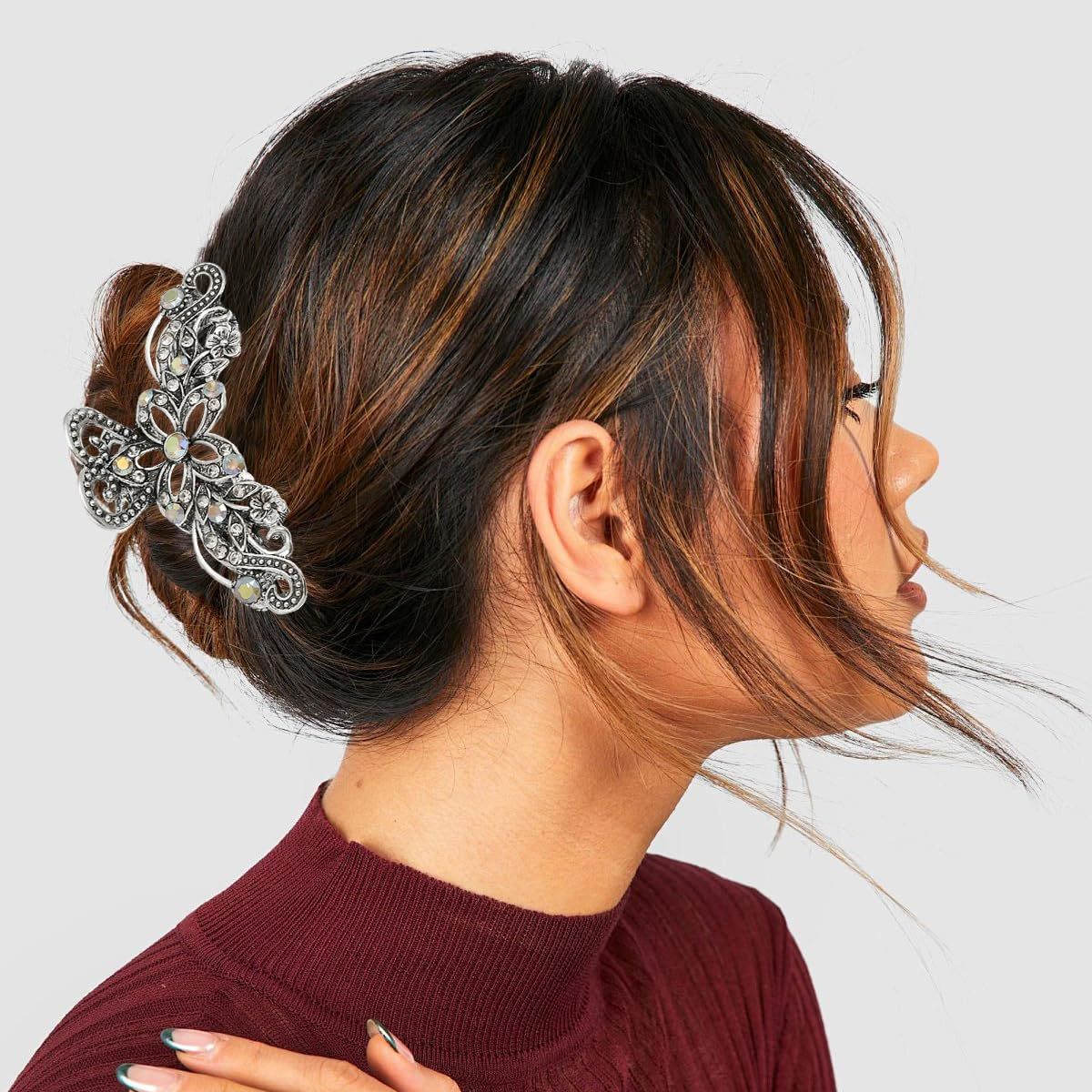 2 PCS Vintage Hair Claw Clips Rhinestone Clip Shiny Rhinestone Hollow Flower Claw Clip Metal Antique Silver Plated Hair Clips Retro Flower Non Slip Hair Jaw Clips for Women Girls