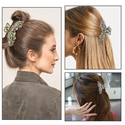 2 PCS Vintage Hair Claw Clips Rhinestone Clip Shiny Rhinestone Hollow Flower Claw Clip Metal Antique Silver Plated Hair Clips Retro Flower Non Slip Hair Jaw Clips for Women Girls