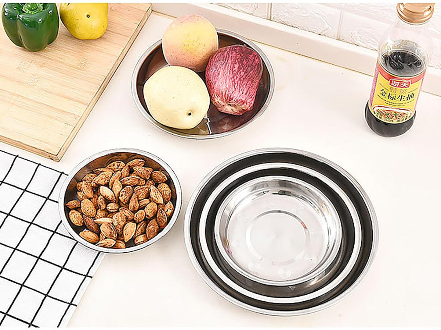 Thin Circular Trinket Tray, 3 Pcs Stainless Steel 7 Inch Diameter Flat Serving Trays for Kitchen, Party and Outdoors (3)