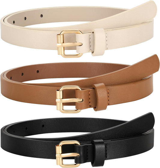 3 Pack Women Skinny Leather Belt for Jeans Pants Dress Ladies Thin Waist Belt with Gold Buckle