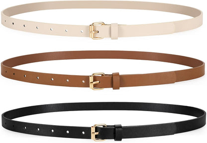 3 Pack Women Skinny Leather Belt for Jeans Pants Dress Ladies Thin Waist Belt with Gold Buckle
