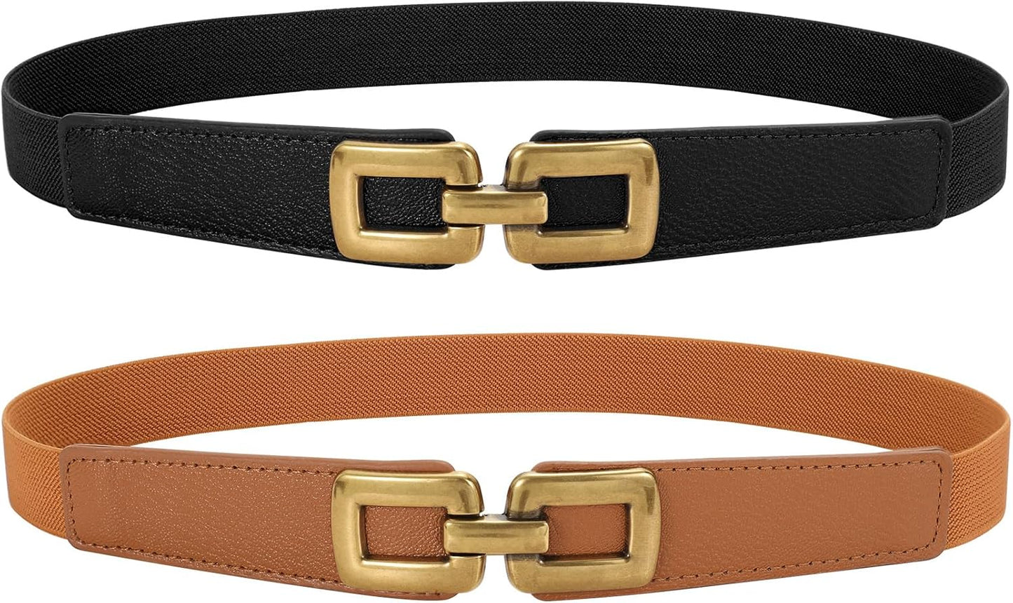 2 Pack Women Skinny Elastic Waist Belt for Dress Ladies Thin Stretch Belt with Gold Buckle