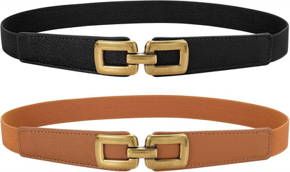 2 Pack Women Skinny Elastic Waist Belt for Dress Ladies Thin Stretch Belt with Gold Buckle