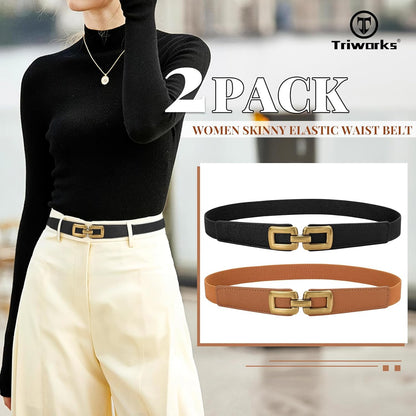 2 Pack Women Skinny Elastic Waist Belt for Dress Ladies Thin Stretch Belt with Gold Buckle
