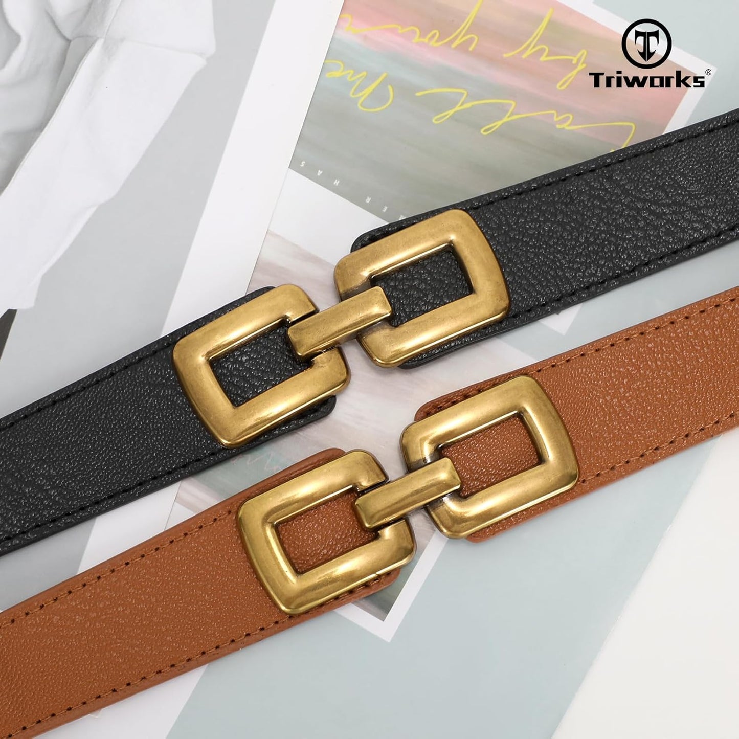 2 Pack Women Skinny Elastic Waist Belt for Dress Ladies Thin Stretch Belt with Gold Buckle