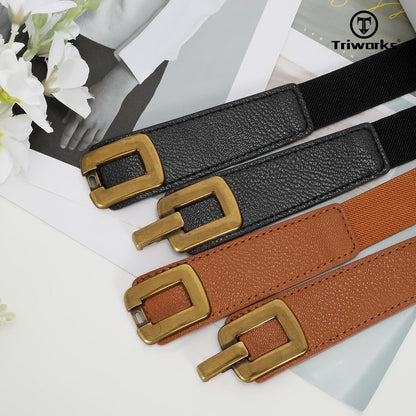 2 Pack Women Skinny Elastic Waist Belt for Dress Ladies Thin Stretch Belt with Gold Buckle