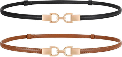 2 Pack Skinny Leather Belts for Women Thin Waist Belts with Adjtable Gold Buckle for Dresses, Coats and Jeans
