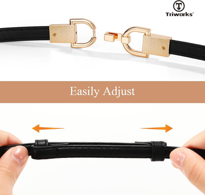 2 Pack Skinny Leather Belts for Women Thin Waist Belts with Adjtable Gold Buckle for Dresses, Coats and Jeans