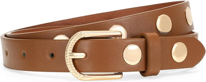 Skinny Leather Belt for Women Studded Thin Belt for Fashion Jeans Dress Ladies Waist Belts