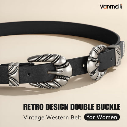 Western Leather Belts for Women Jeans Dress Cowgirl Thin Ladies Belt with Double Sliver Buckle