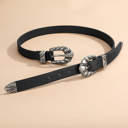 Western Leather Belts for Women Jeans Dress Cowgirl Thin Ladies Belt with Double Sliver Buckle