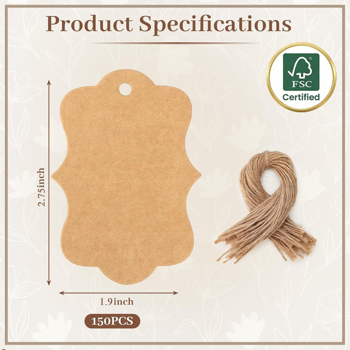 150PCS Brown Paper Kraft Tags,1.9x2.75 inch Scalloped Gift Tags with String for Clothes DIY Crafts Wedding Holiday (Brown)