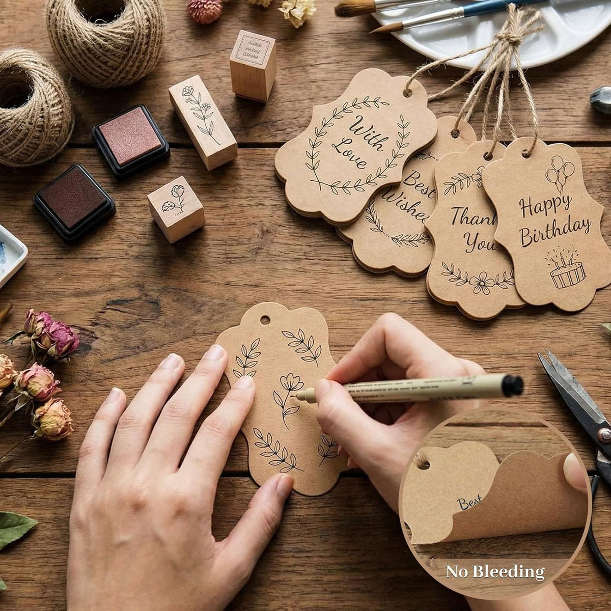 150PCS Brown Paper Kraft Tags,1.9x2.75 inch Scalloped Gift Tags with String for Clothes DIY Crafts Wedding Holiday (Brown)