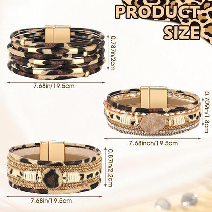 3 Pcs Western Bracelet for Women Leather Multi Layer Wrap Bracelet Western Boho Crystal Beads Cuff Jewelry