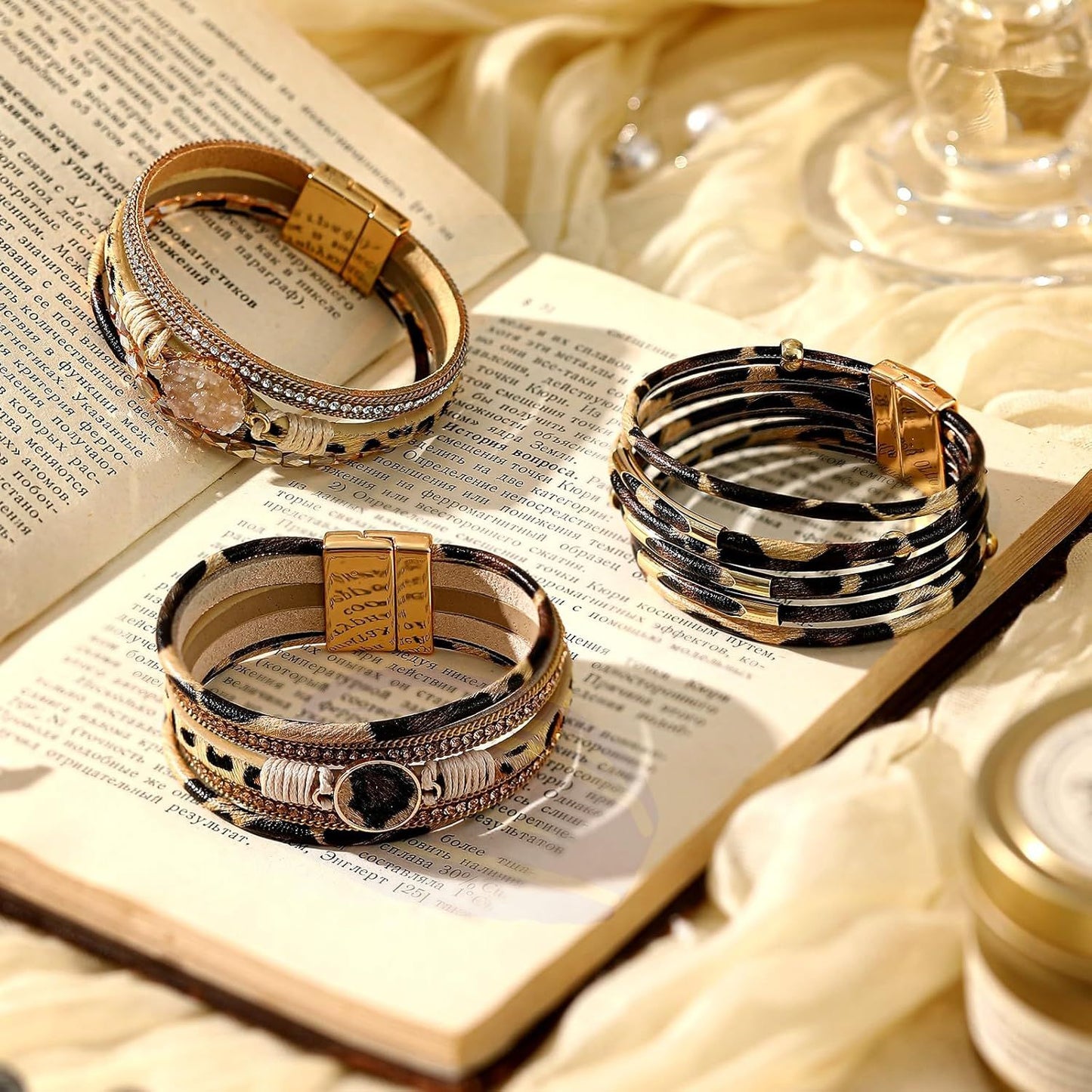 3 Pcs Western Bracelet for Women Leather Multi Layer Wrap Bracelet Western Boho Crystal Beads Cuff Jewelry