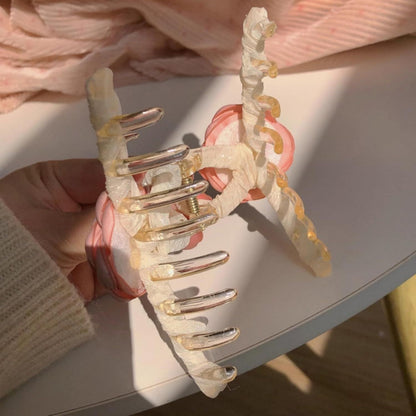 Elegant White Hair Claw Clip with Pink Glossy Camellia for Girls Women, Rose Floral Spring Hair Accessory (Pink)