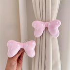 2 Pack Curtain Tiebacks with Pink Plush Bow and White Polka Dot, Snap Button Closure Curtains Holdbacks for Window Decor (Pink)