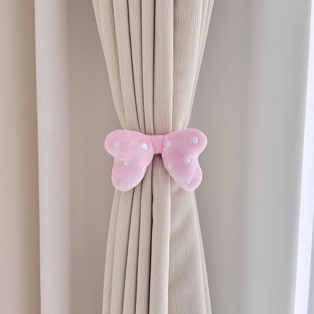 2 Pack Curtain Tiebacks with Pink Plush Bow and White Polka Dot, Snap Button Closure Curtains Holdbacks for Window Decor (Pink)