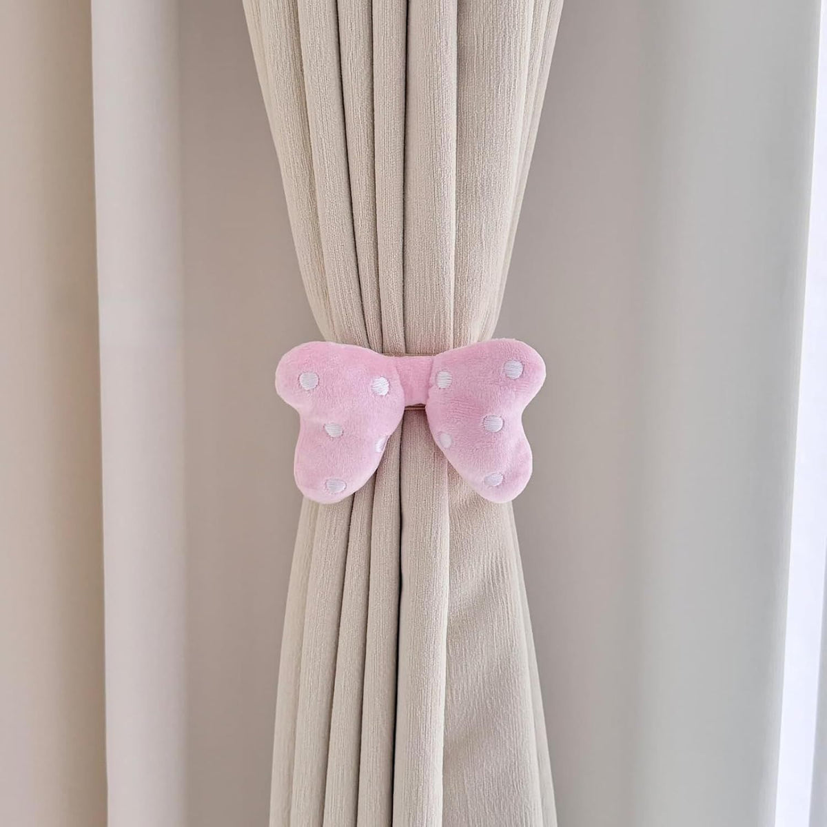 2 Pack Curtain Tiebacks with Pink Plush Bow and White Polka Dot, Snap Button Closure Curtains Holdbacks for Window Decor (Pink)