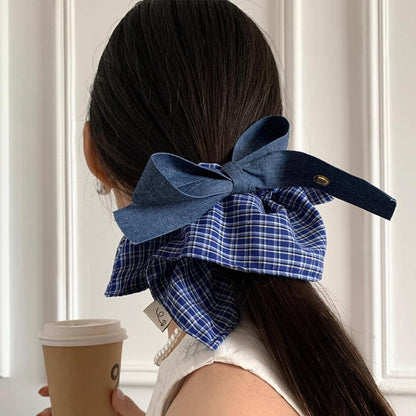 Large Blue Plaid Denim Bow Scrunchie for Women Girls, Hair Scarf Hair Band Hair Tie Elegant Headband Accessory (Blue)