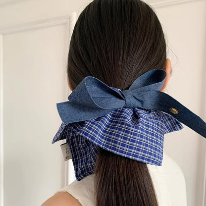 Large Blue Plaid Denim Bow Scrunchie for Women Girls, Hair Scarf Hair Band Hair Tie Elegant Headband Accessory (Blue)