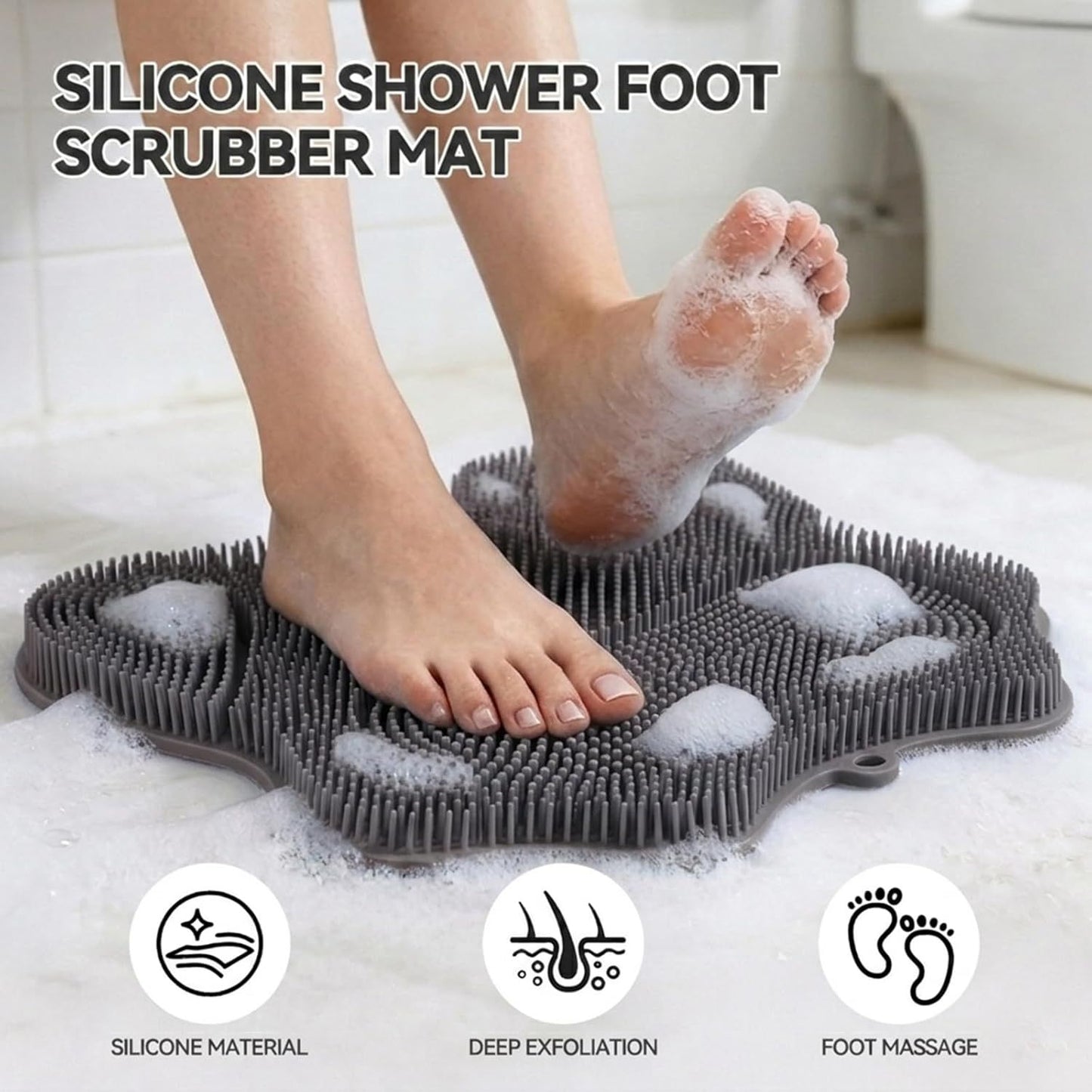 Silicone Shower Foot Scrubber Mat,Back Washer Bath Wash Pad Exfoliating & Massage, Wall Mounted Slip Strong Suction Cups for Use in Cleaner Men and Women (Grey)
