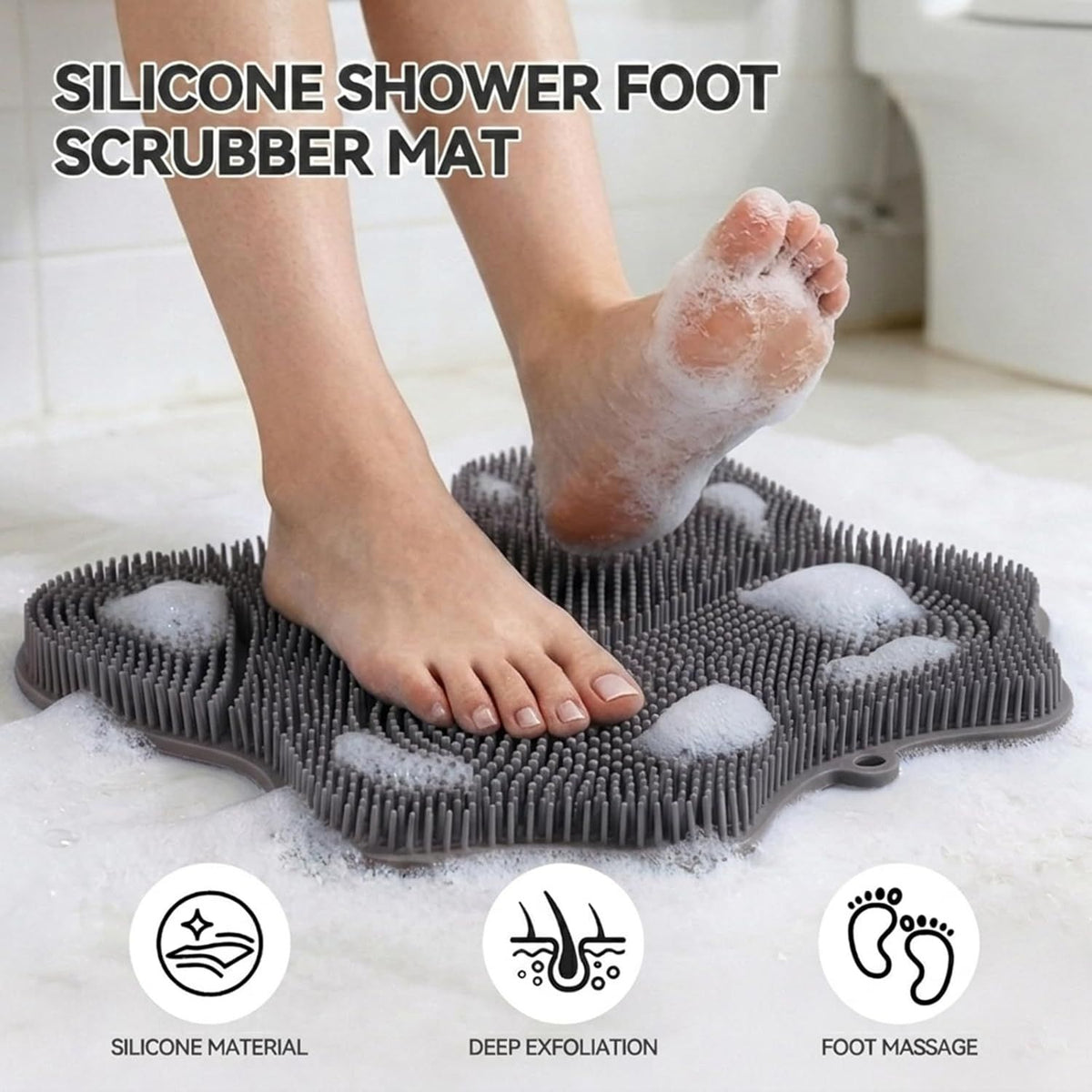 Silicone Shower Foot Scrubber Mat,Back Washer Bath Wash Pad Exfoliating & Massage, Wall Mounted Slip Strong Suction Cups for Use in Cleaner Men and Women (Grey)