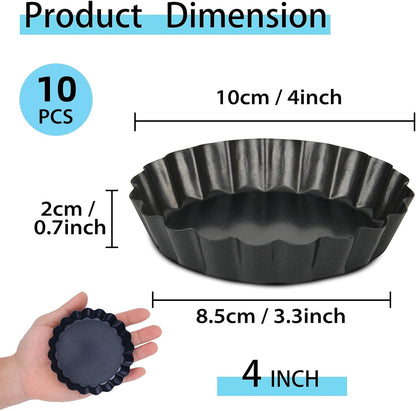 Mini Tart Pans with Removable Bottom 4 inch Set of 10, Non-stick Round Quiche Pan Heavy Duty Carbon Steel for Mousse Cakes, Christmas Dessert Baking with Silicone Scrubber