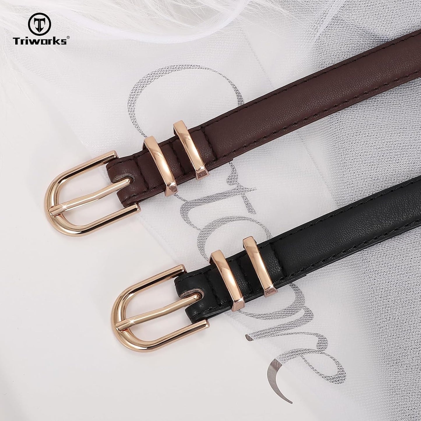 2 Pack Women Skinny Leather Belts for Jeans Pants Thin Faux Leather Belt with Gold Buckle