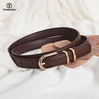 2 Pack Women Skinny Leather Belts for Jeans Pants Thin Faux Leather Belt with Gold Buckle