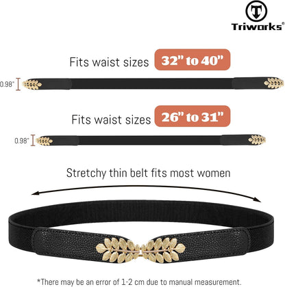 4 Pack Women Skinny Elastic Belt Ladies Fashion Leaf Alloy Buckle Stretchy Thin Waist Belt for Dresses