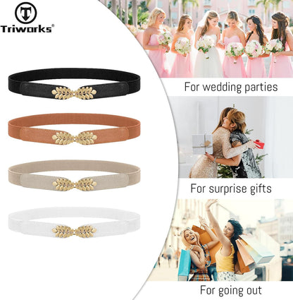 4 Pack Women Skinny Elastic Belt Ladies Fashion Leaf Alloy Buckle Stretchy Thin Waist Belt for Dresses