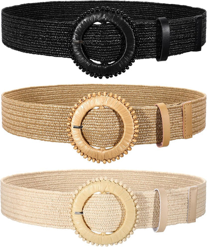 3 Pack Straw Woven Stretch Belt for Women,Raffia Elastic Belt for Dress Wide Boho Waist Belt with Round Buckle