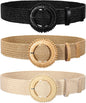 3 Pack Straw Woven Stretch Belt for Women,Raffia Elastic Belt for Dress Wide Boho Waist Belt with Round Buckle