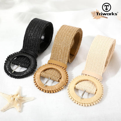 3 Pack Straw Woven Stretch Belt for Women,Raffia Elastic Belt for Dress Wide Boho Waist Belt with Round Buckle