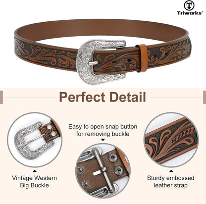 Western Belt for Women Men Cowgirl Cowboy Floral Engraved Tooled Leather Belt with Buckle for Jeans Pants Rodeo