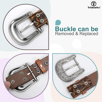 Western Belt for Women Men Cowgirl Cowboy Floral Engraved Tooled Leather Belt with Buckle for Jeans Pants Rodeo